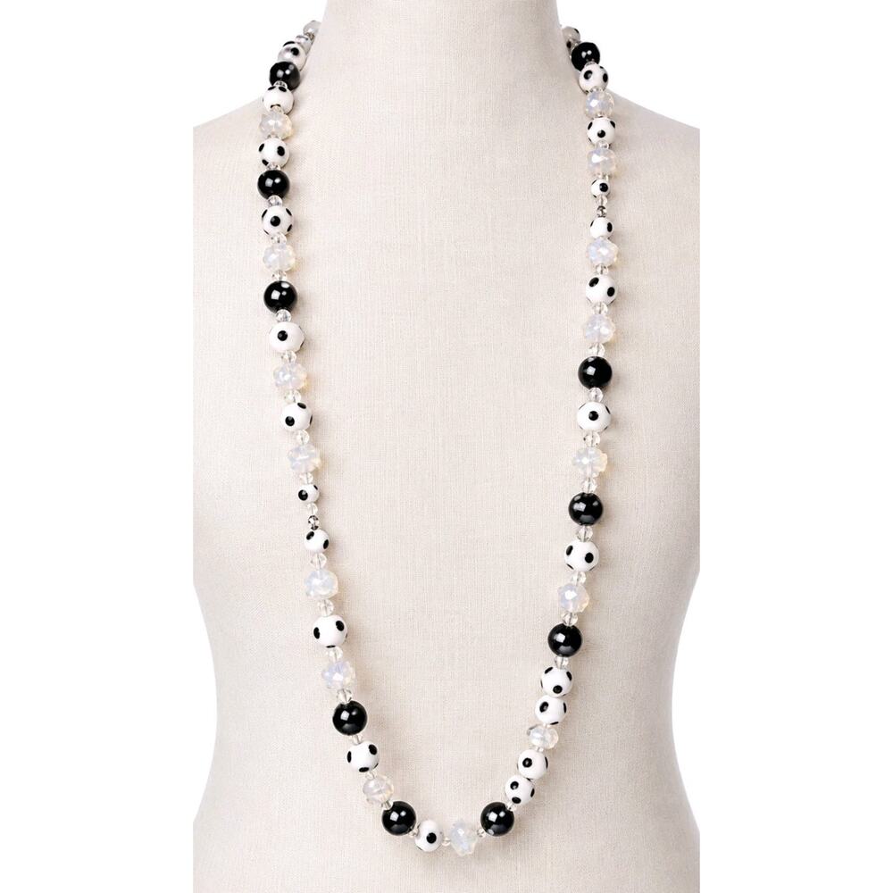Vtg Venetian Art Glass Bead Necklace Black White Polka Dot Opalescent Lampwork